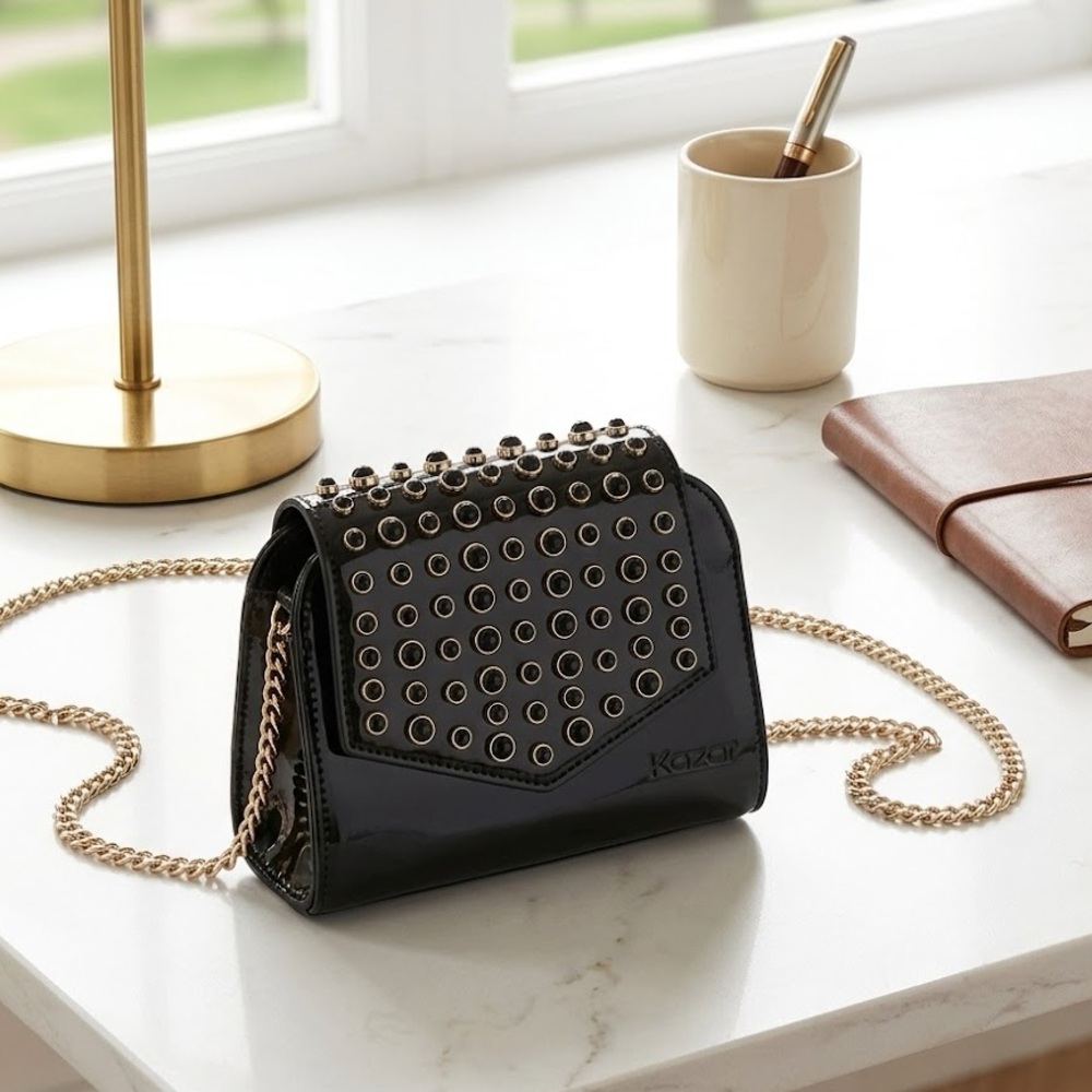 Kazar Black Gold Chain Studded Crossbody